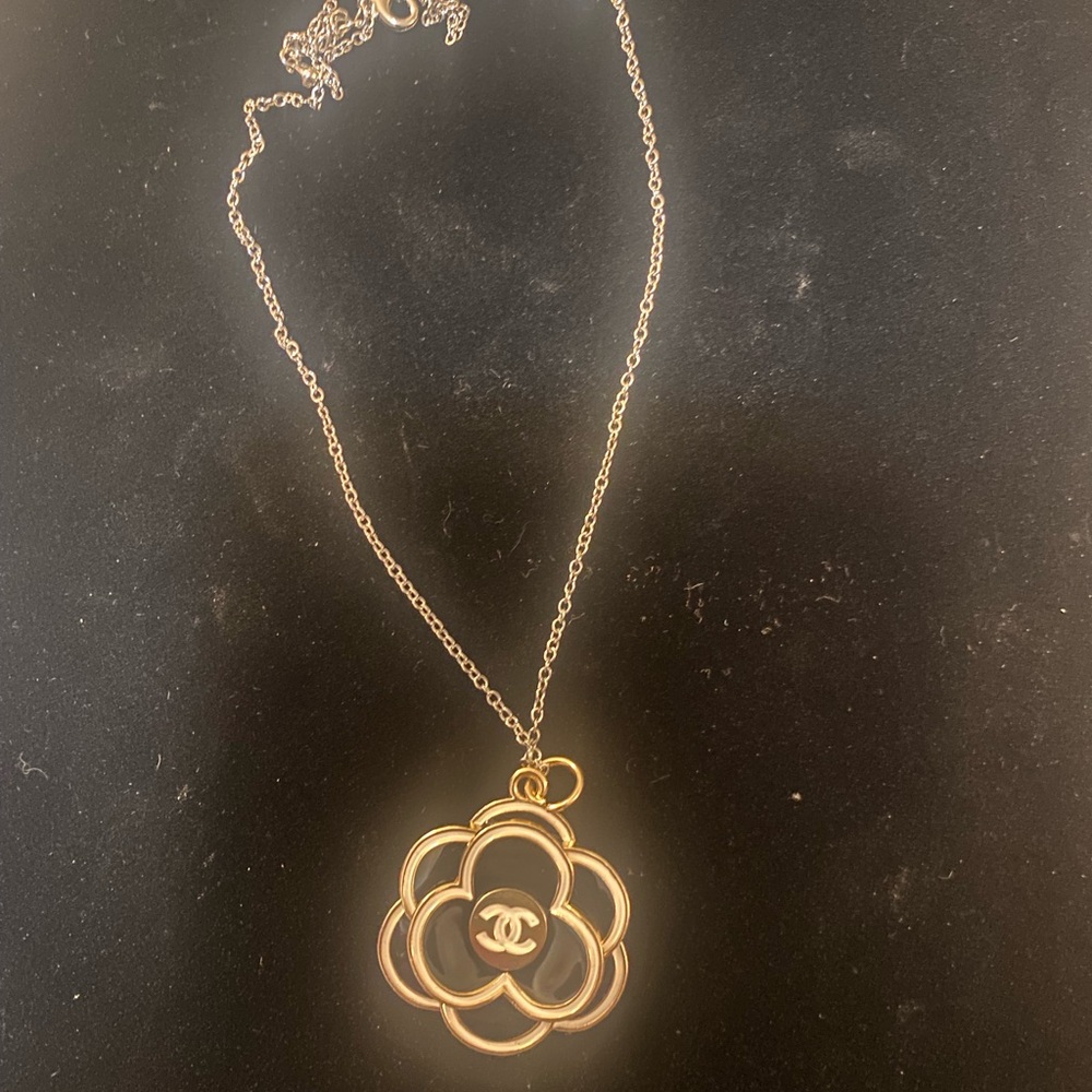 Black and Silver CHANEL Flower Pendant Necklace